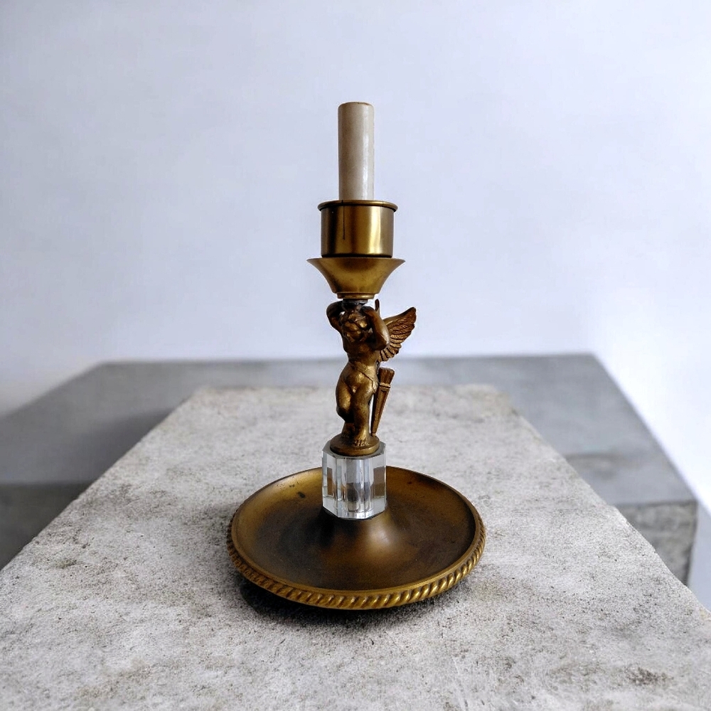 Rare Antique Brass Cherub Electric Lamp With Cut Wires No Bulb